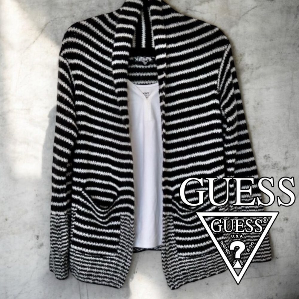 Guess brand Black and White Open Knit Cardigan Sweater with pockets. Size XS